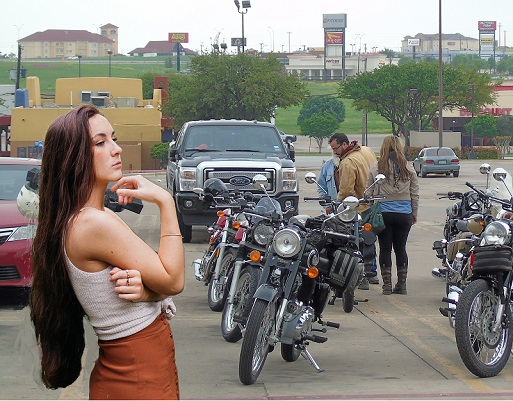 Photo On Photo, Background Bike Ride and Model with Long Hair